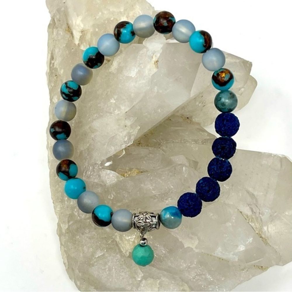 Glass Beaded‎ Bracelet Blue Brown Metallic Blue Lava Stone Silver Turquoise Bead